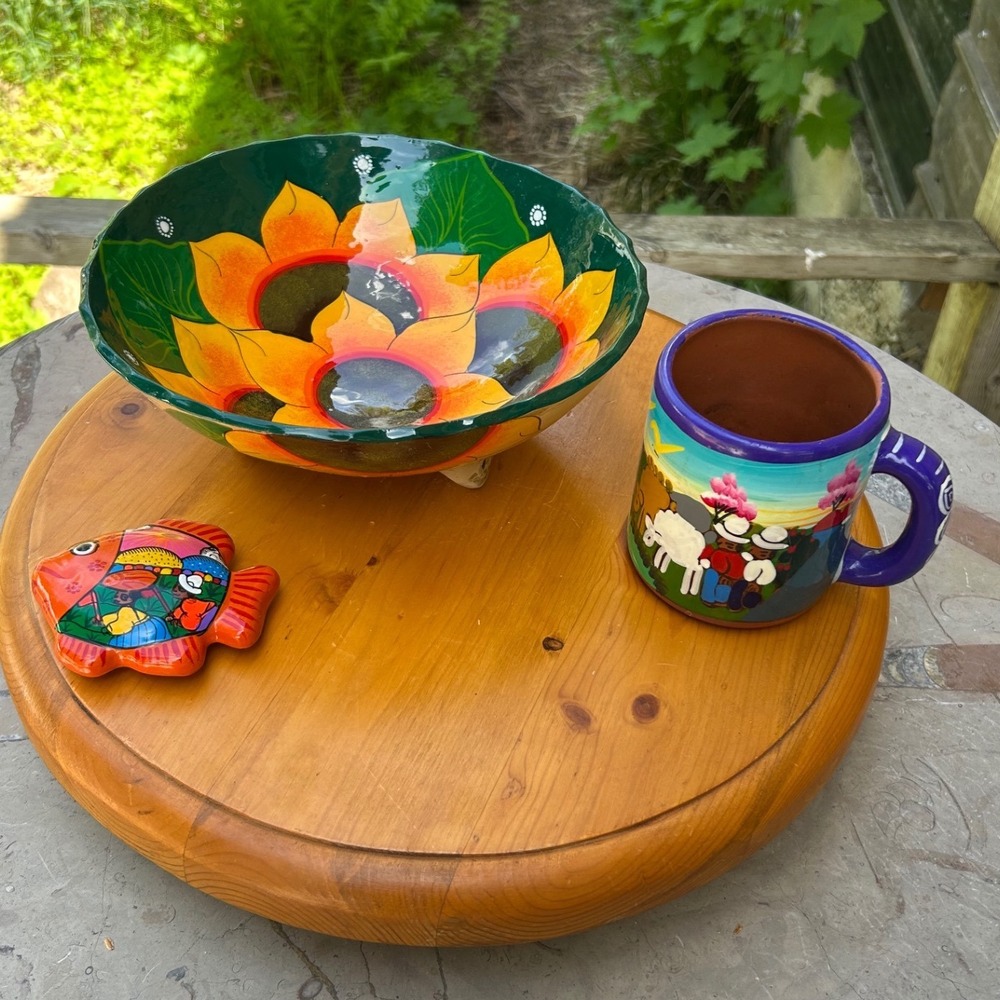 Vintage Mexican Folk Art‎ Pottery Set Talavera Hand Painted Sunflower Bowl Mug